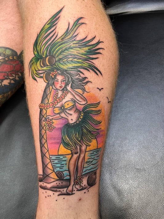 Medium American Traditional Hula Girl Palm Tree Travel Tattoo on Men Calf