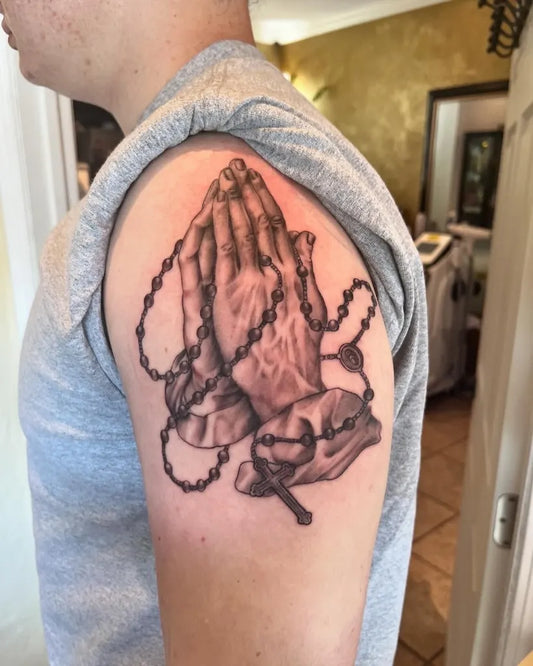 Medium Black and Grey Praying Hands Rosary Religious Tattoo on Men Shoulder