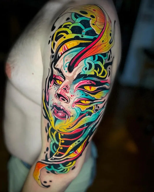 colorful new school neo-traditional devil woman tattoo on man upper arm