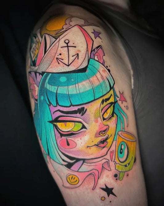 colorful new school neo-traditional creepy sailor girl tattoo on upper arm