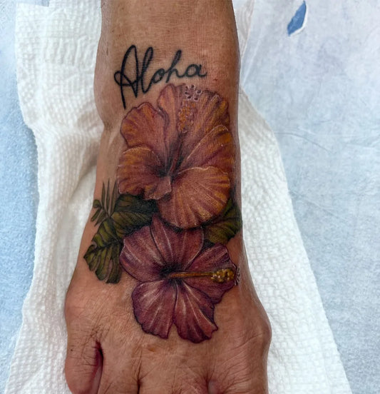 Small Realism Hibiscus Flowers Lettering Flower Tattoo on Men Foot