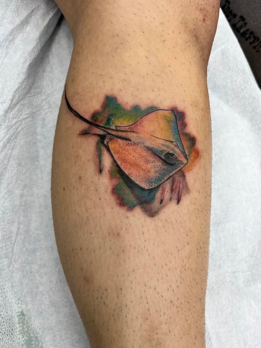 Small Watercolor Stingray Animal Tattoo on Men Calf