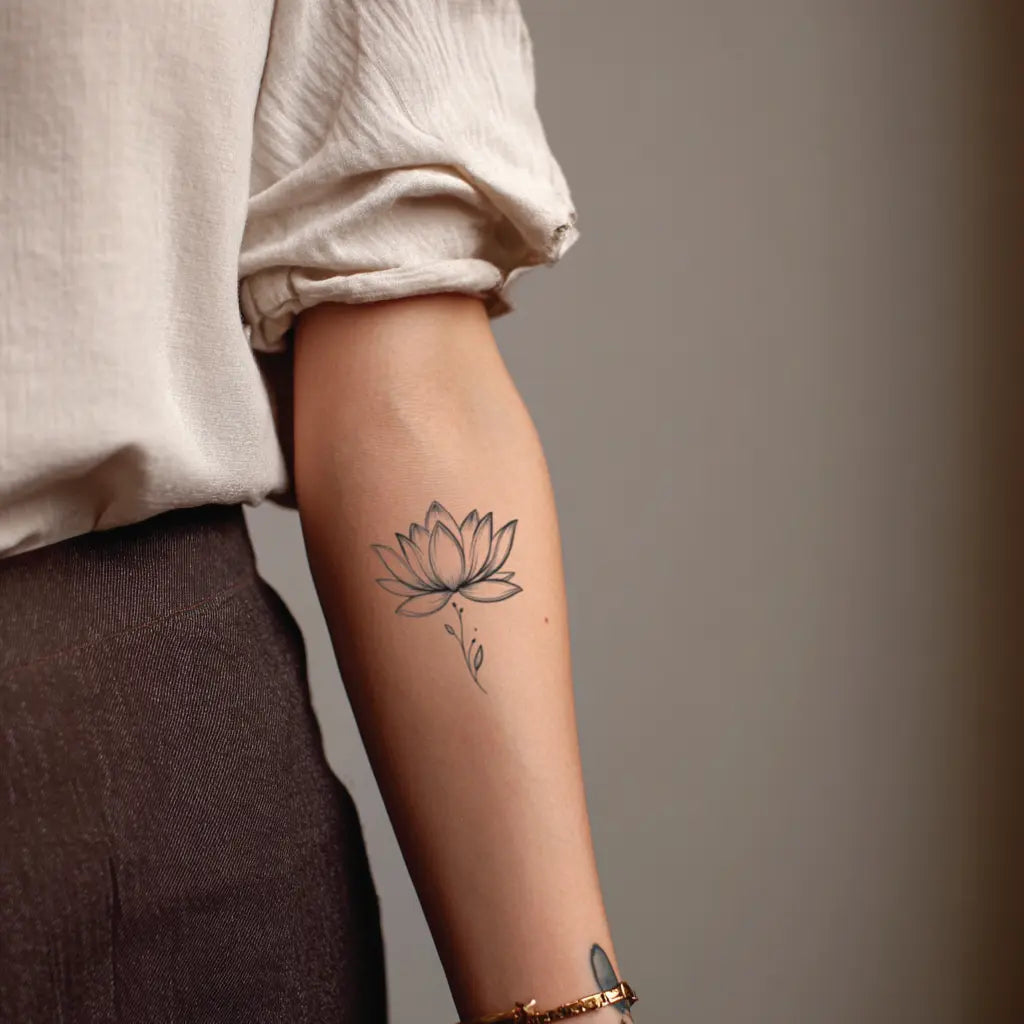 fine line lotus flower forearm temporary tattoo idea design