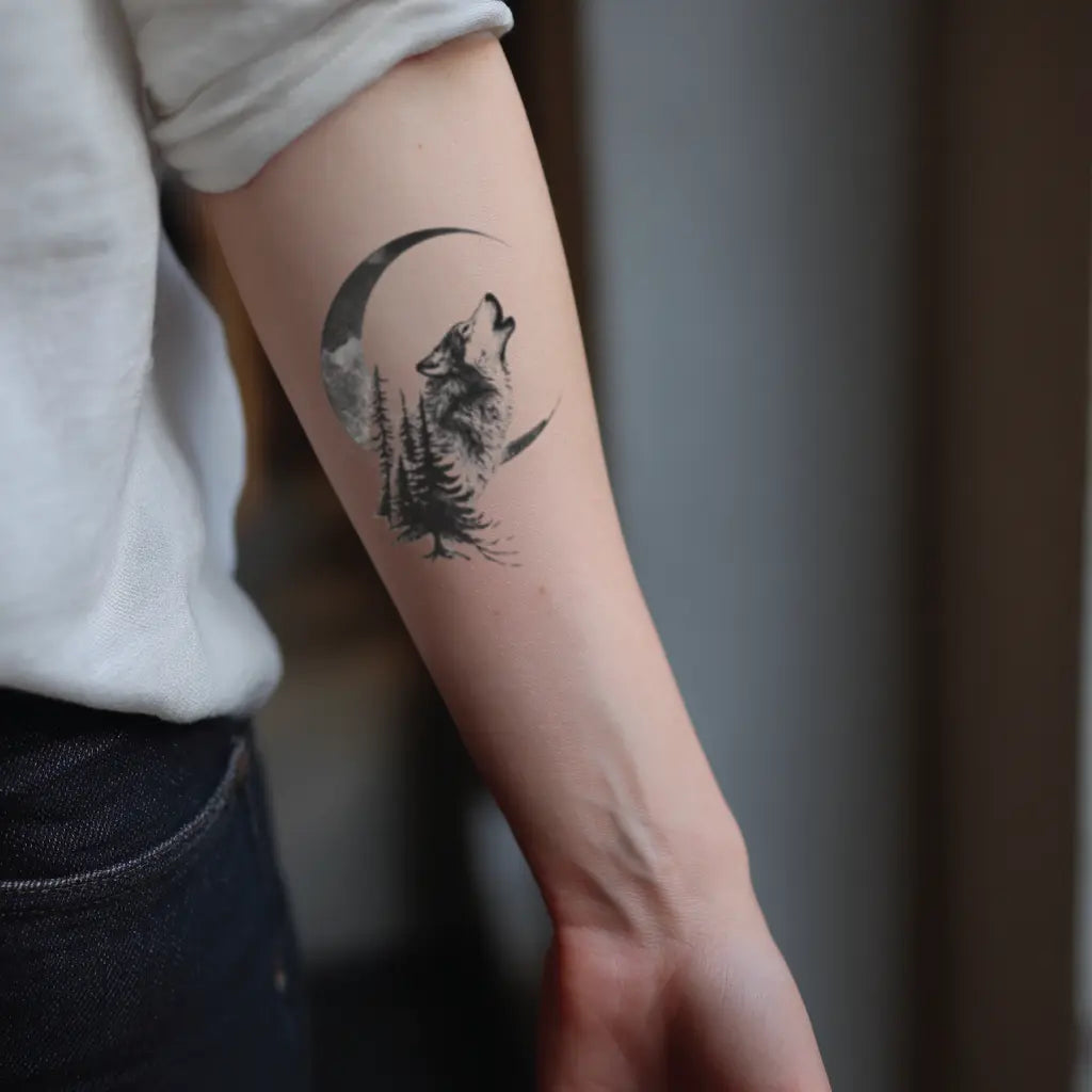wolf and moon forearm temporary tattoo idea design