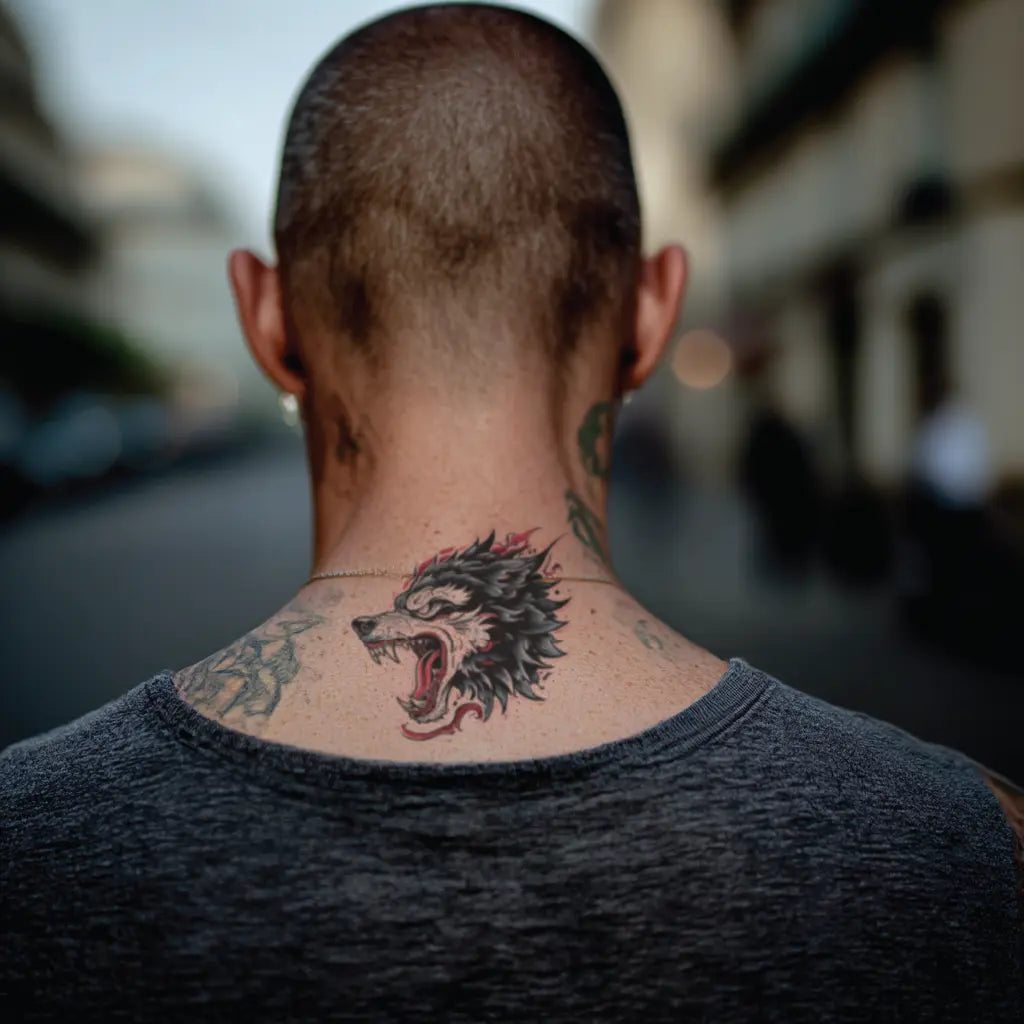 neo traditional wolf neck temporary tattoo idea design
