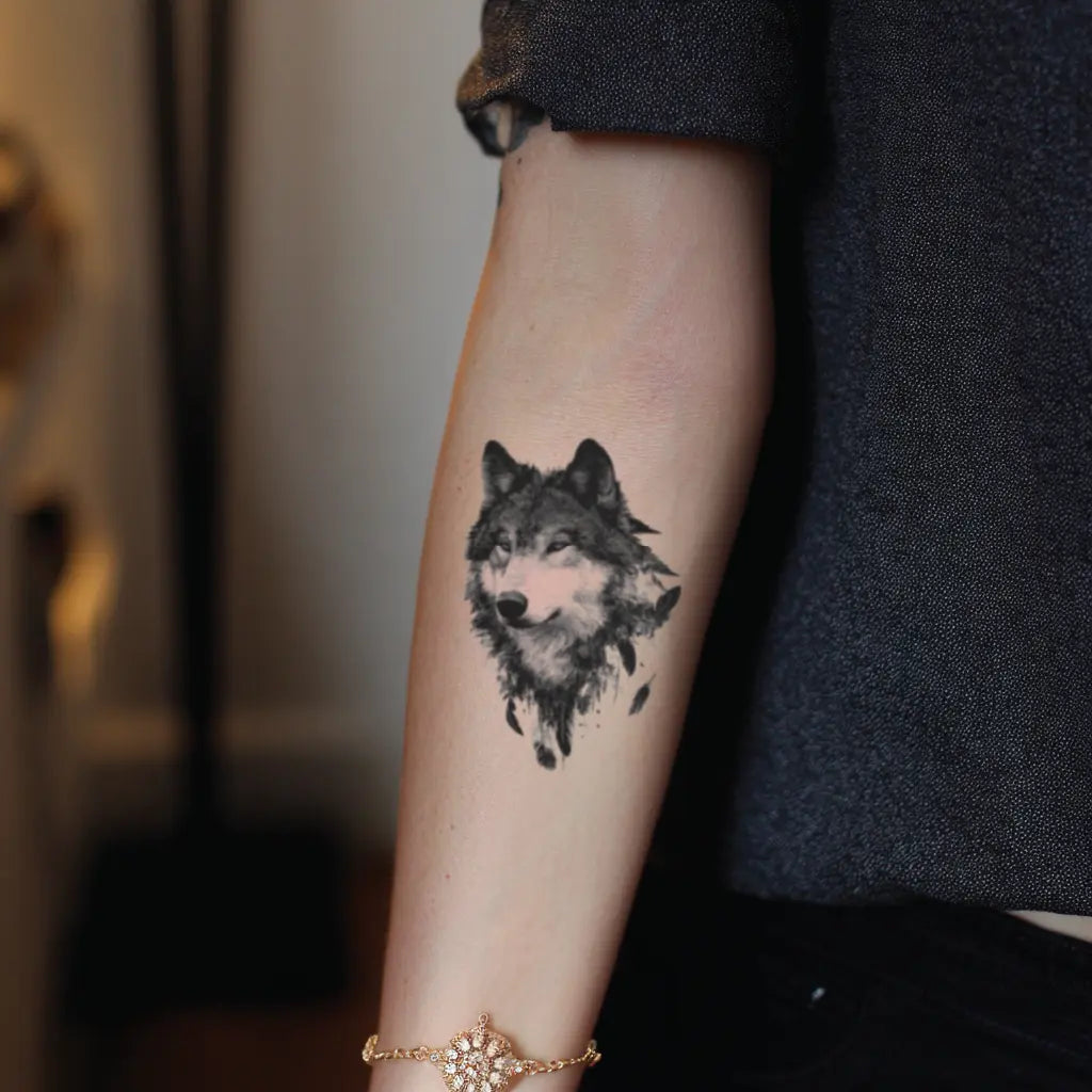 realistic black lone wolf forearm temporary tattoo idea design
