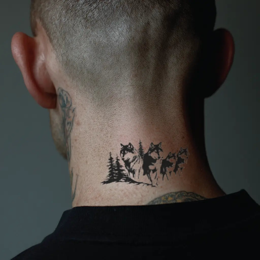 wolf family neck temporary tattoo idea design