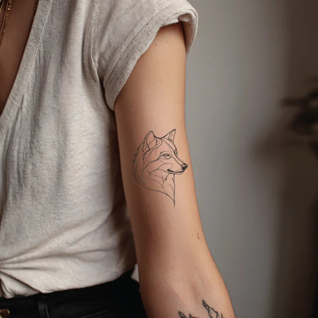 geometric wolf outline bicep temporary tattoo idea design