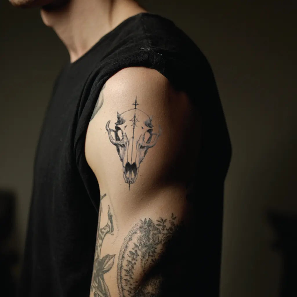 wolf skull bicep temporary tattoo idea design