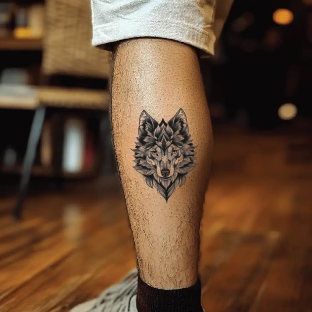 blackwork wolf leg temporary tattoo idea design