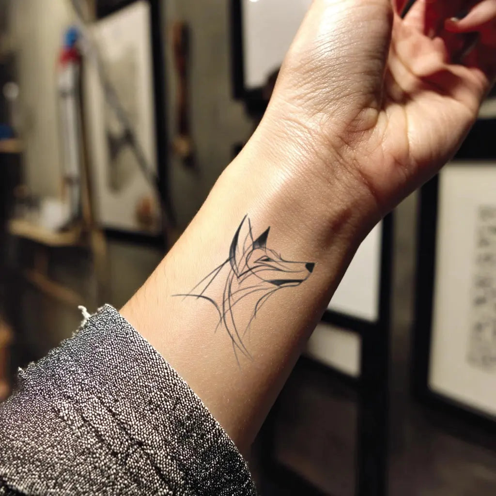abstract wolf fine line wrist temporary tattoo idea design
