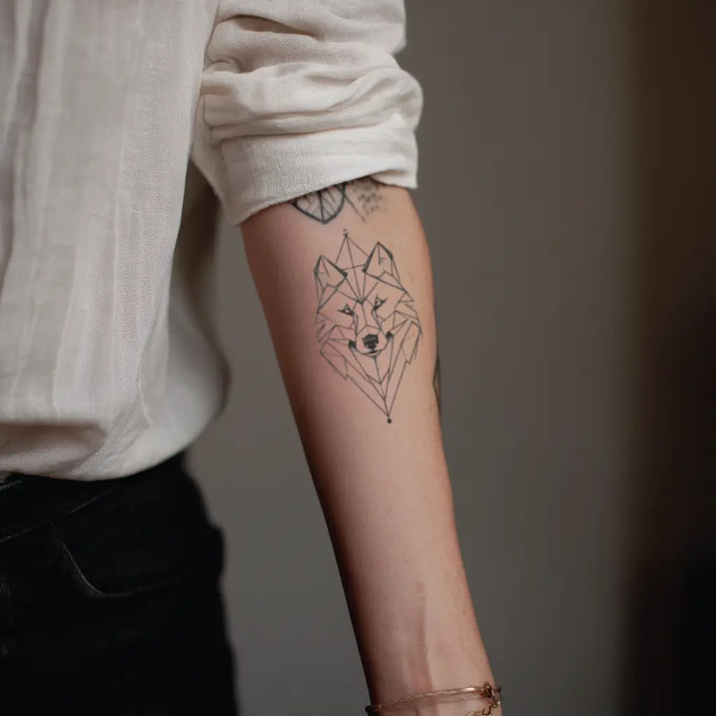 geometric wolf forearm temporary tattoo idea design