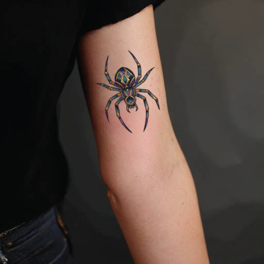 neo traditional spider bicep temporary tattoo idea design
