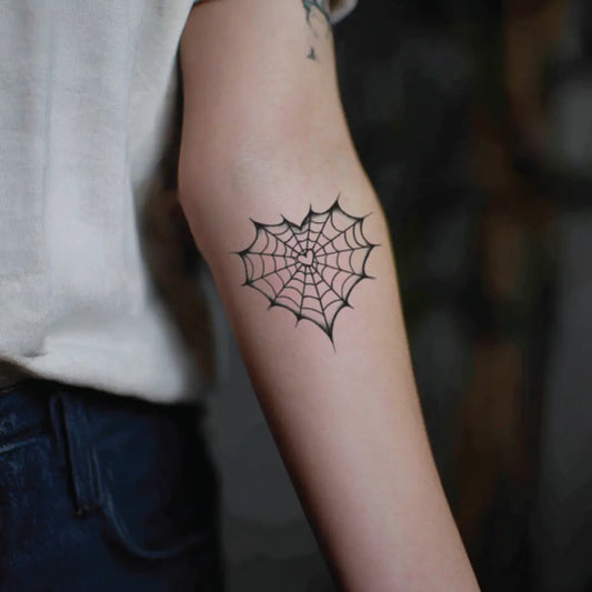 heart spider web forearm temporary tattoo idea design