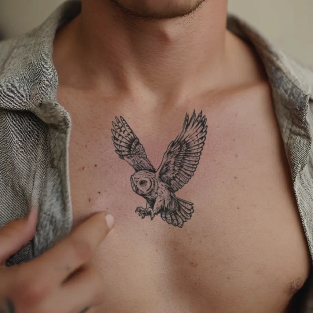 Flying Owl Temporary Tattoo Sticker on man chest sternum