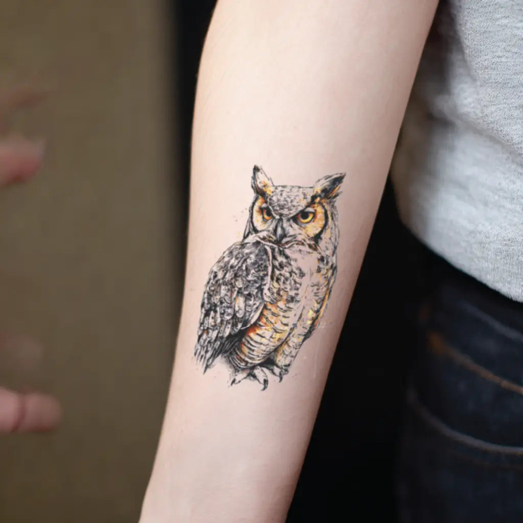 Great Horned Owl Temporary Tattoo Sticker on forearm