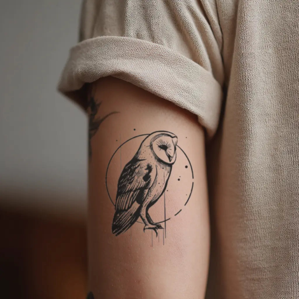 Barn Owl Temporary Tattoo Sticker on upper arm