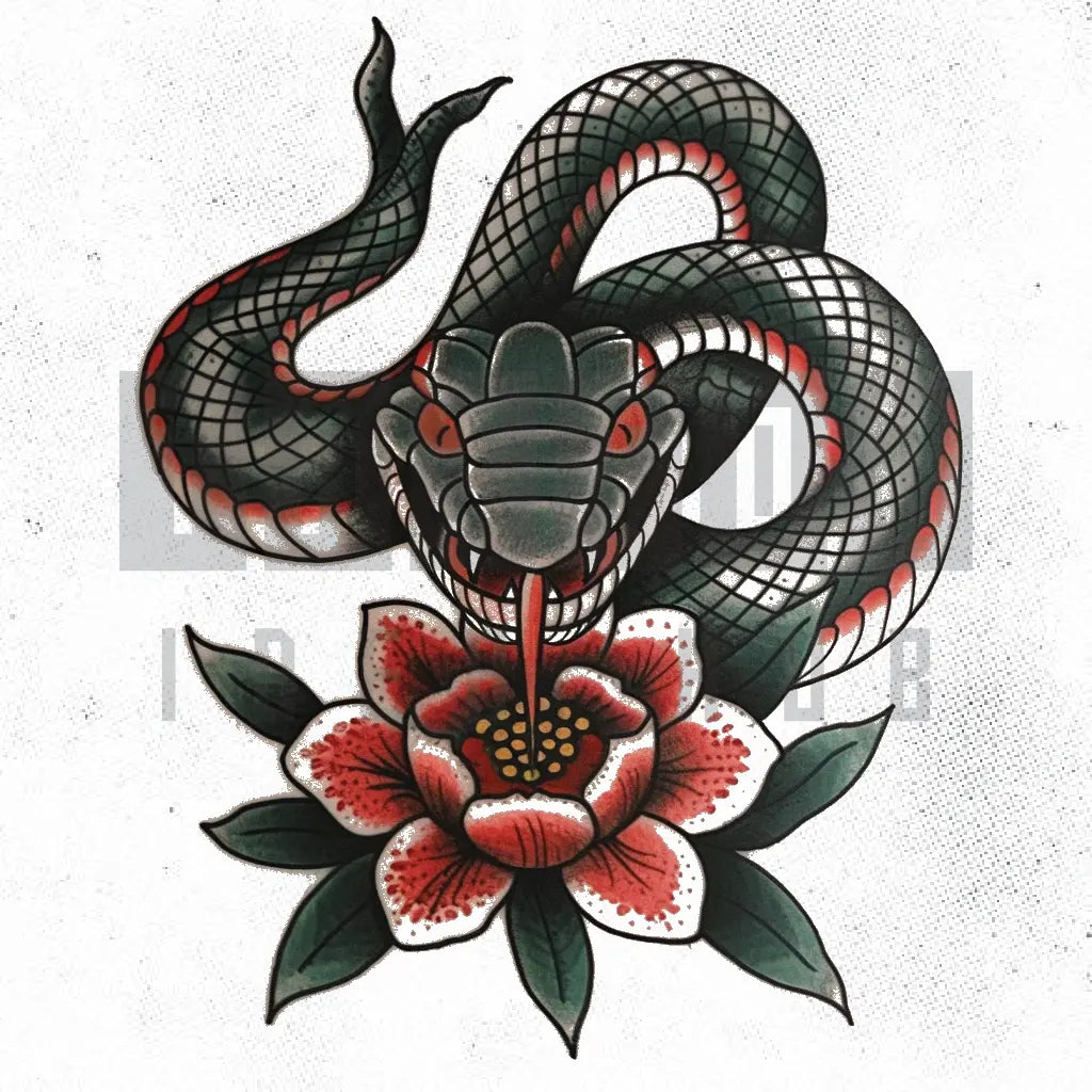 traditional Japanese snake flower tattoo idea design stencil png