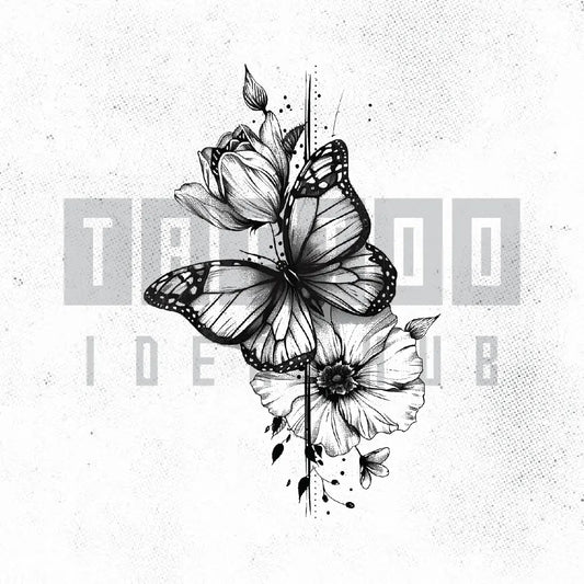 butterfly flowers tattoo idea design stencil png