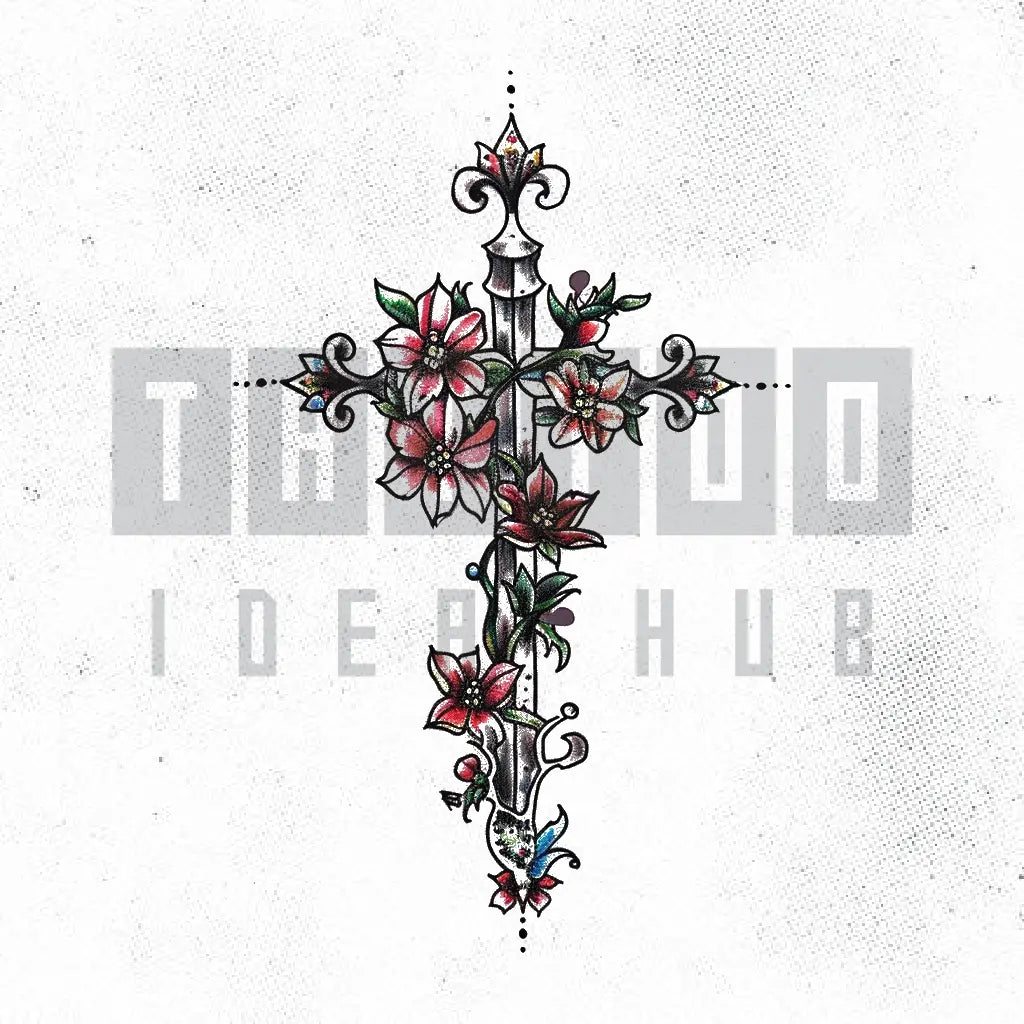 flower cross tattoo idea design stencil png