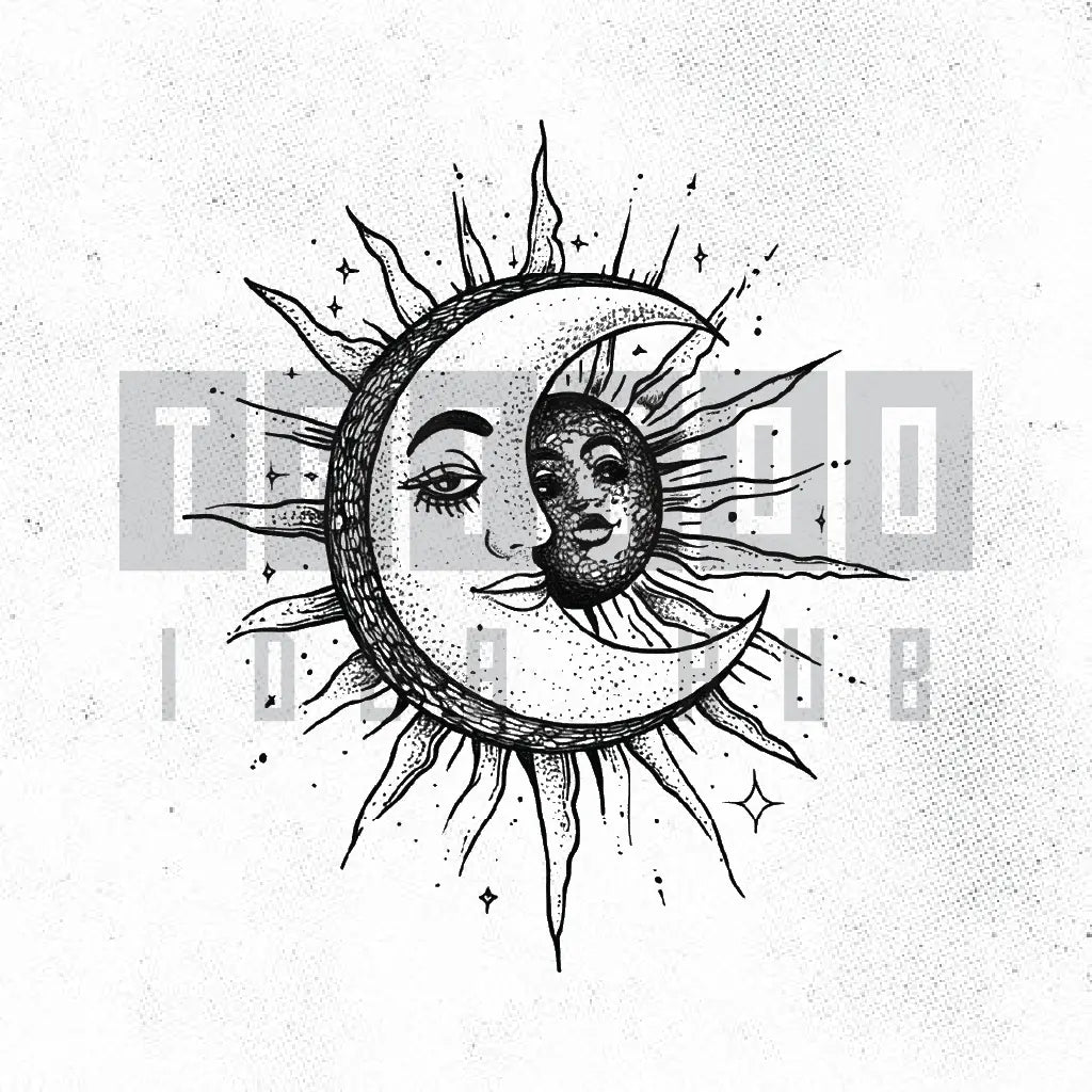 bohemian sun and moon tattoo idea design stencil png