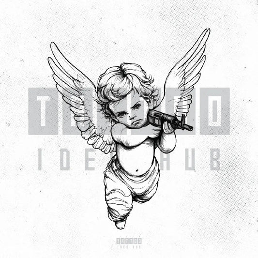 cherub angel baby with ak47 gun tattoo idea design stencil png