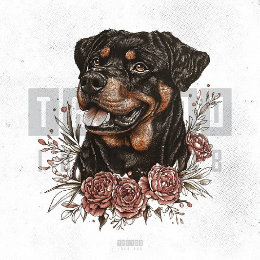 realistic rottweiler dog with rose flowers tattoo idea design stencil png