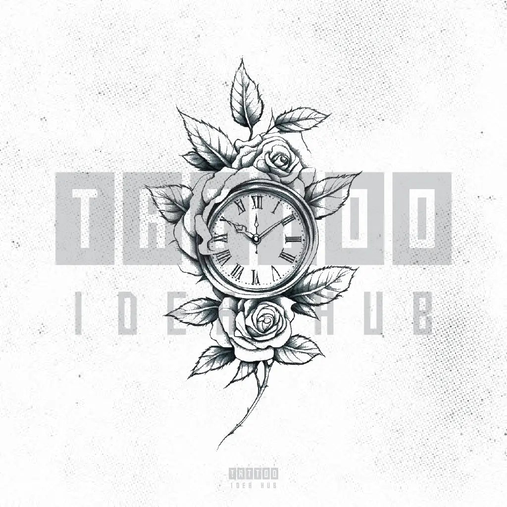 rose and clock tattoo idea design stencil png
