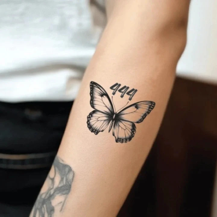 444 with butterfly forearm temporary tattoo idea design
