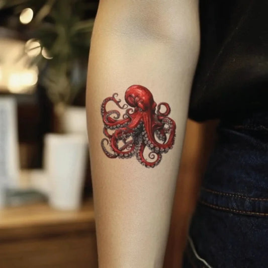 red octopus forearm temporary tattoo idea design