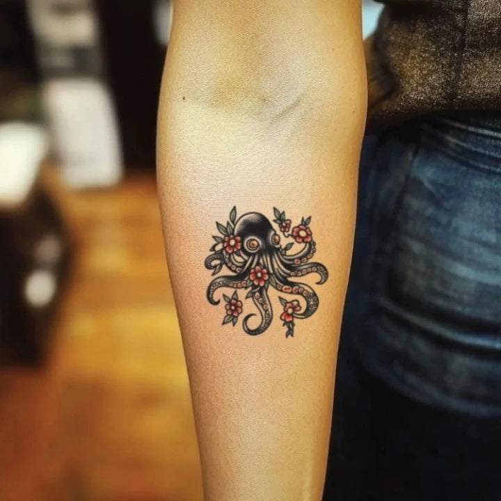 traditional octopus forearm temporary tattoo idea design