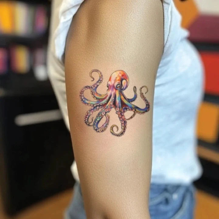 colorful octopus bicep temporary tattoo idea design