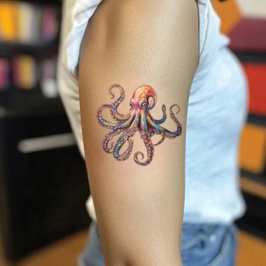 colorful octopus bicep temporary tattoo idea design