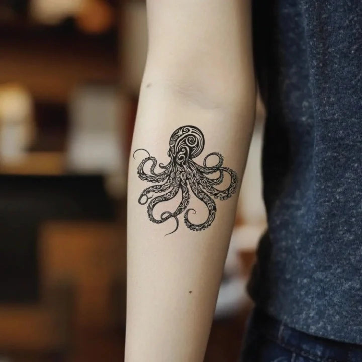 tribal octopus forearm temporary tattoo idea design