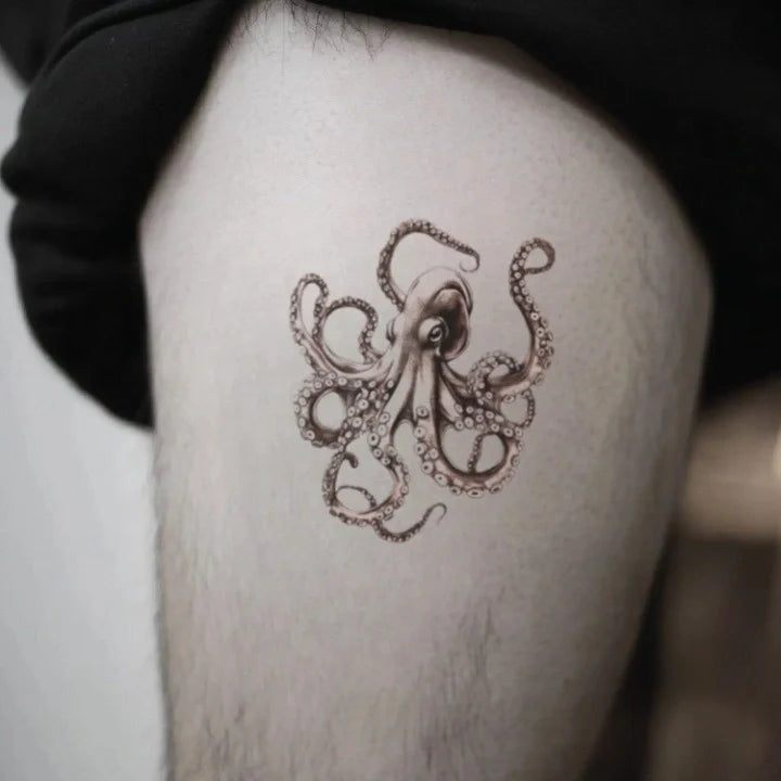 black and grey octopus thigh temporary tattoo idea design