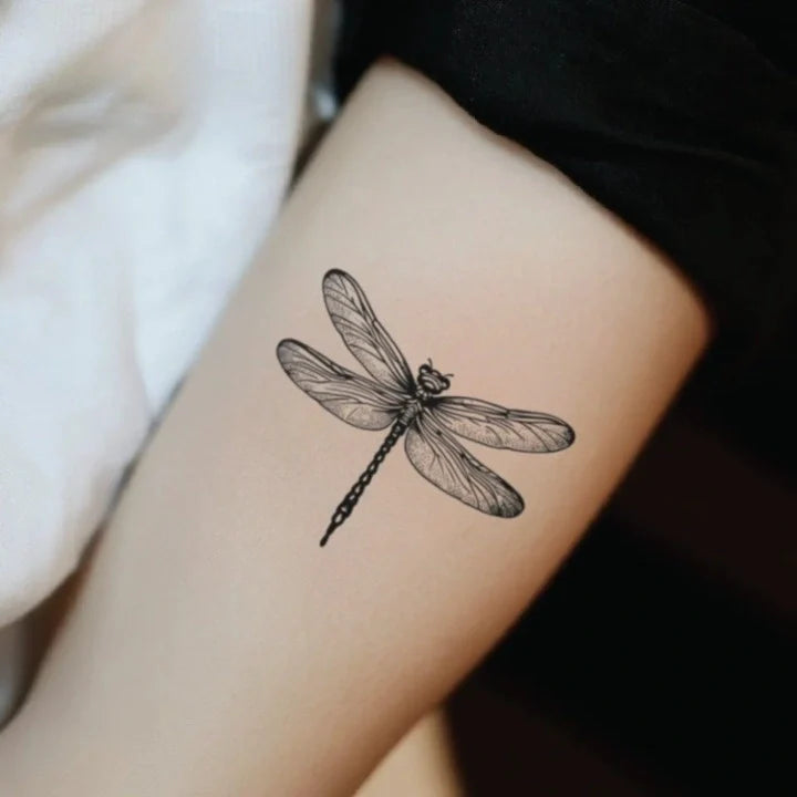 black and white dragonfly forearm temporary tattoo idea design