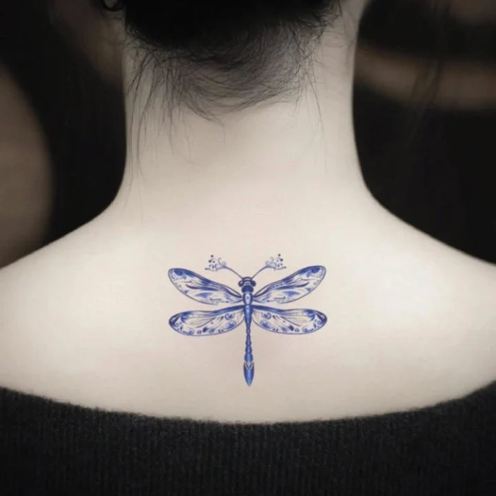 blue dragonfly neck temporary tattoo idea design