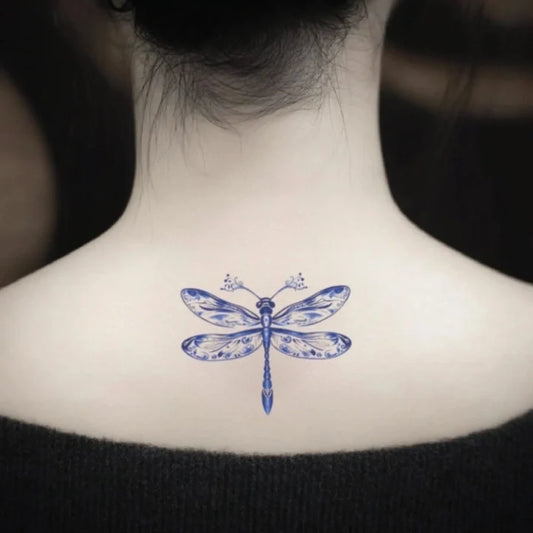 blue dragonfly neck temporary tattoo idea design
