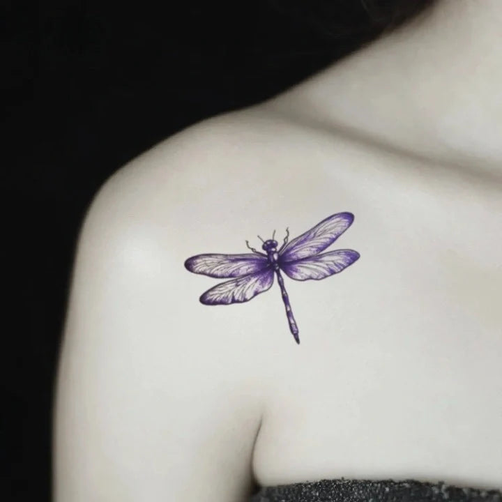 purple dragonfly shoulder temporary tattoo idea design
