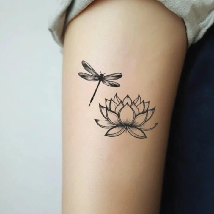 dragonfly and lotus flower bicep temporary tattoo idea design