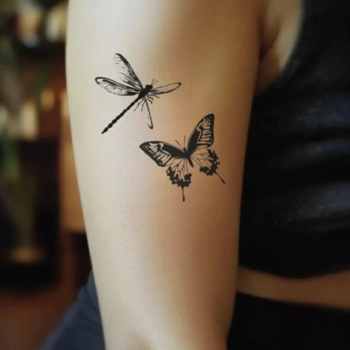 butterfly and dragonfly bicep temporary tattoo idea design