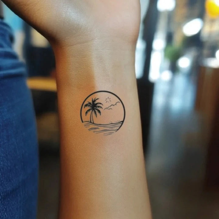 palm tree wave sun wrist temporary tattoo idea design