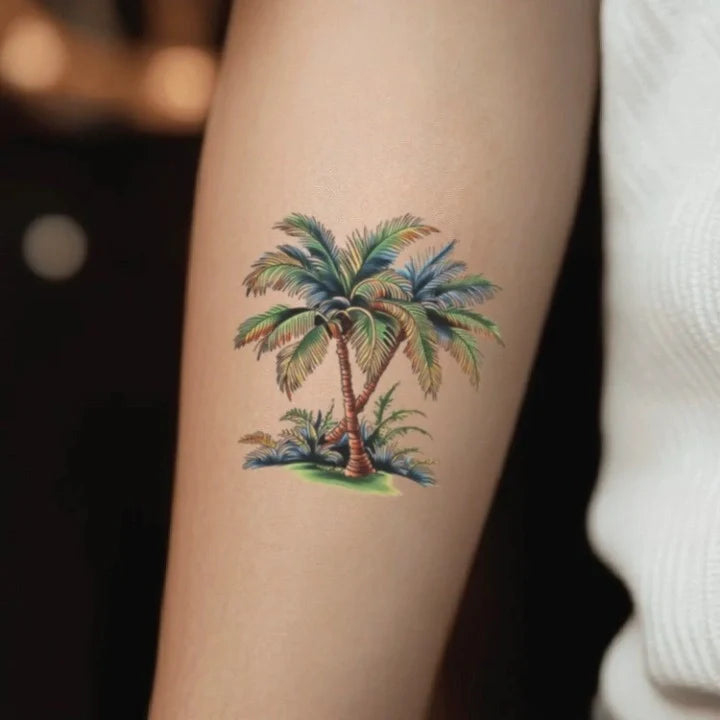 colorful palm tree forearm temporary tattoo idea design