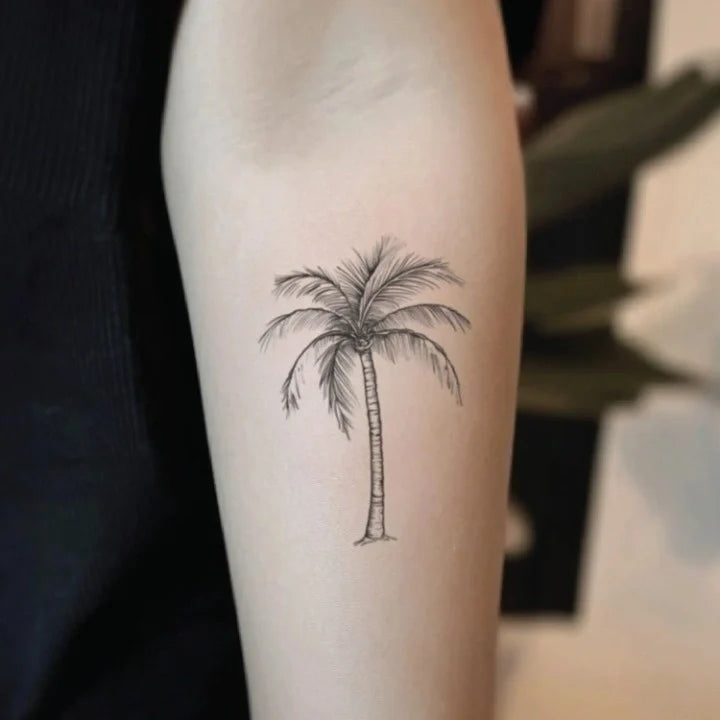 fine line palm tree forearm temporary tattoo idea design