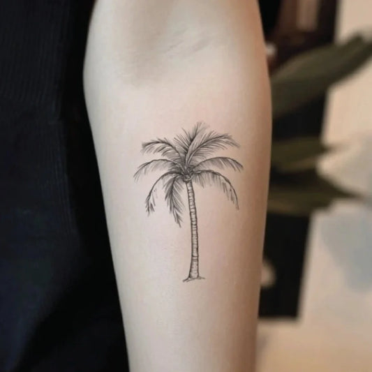 fine line palm tree forearm temporary tattoo idea design