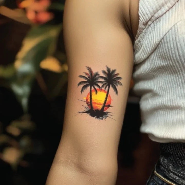 palm tree sunset bicep temporary tattoo idea design