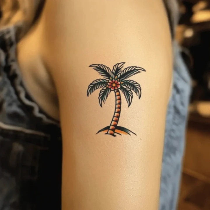 traditional palm tree bicep temporary tattoo idea design