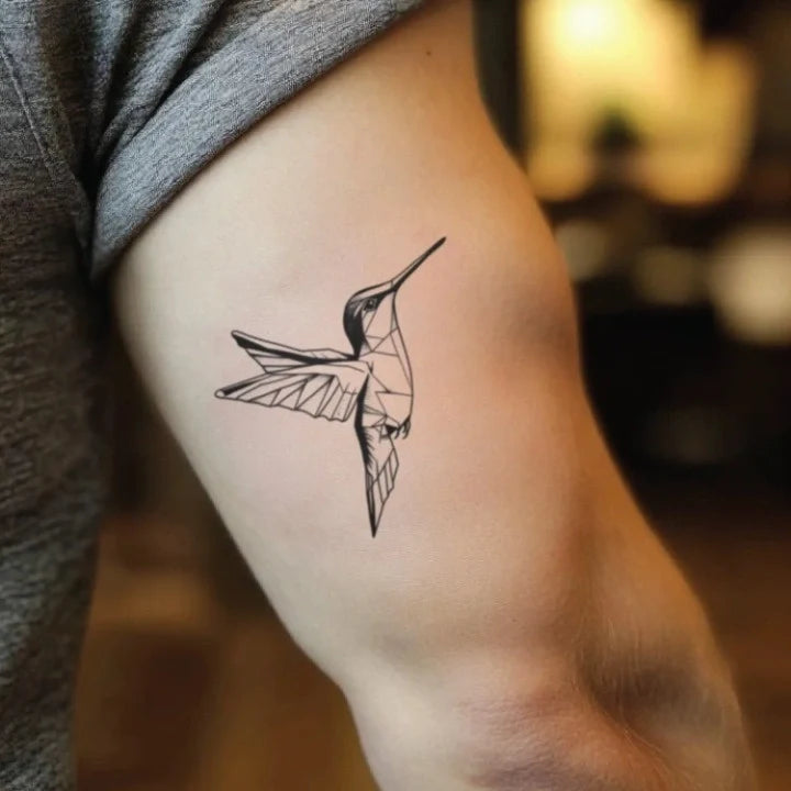 geometric hummingbird bicep temporary tattoo idea design