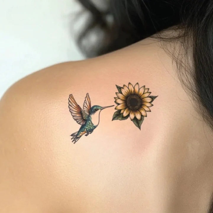 sunflower and hummingbird shoulder temporary tattoo idea design