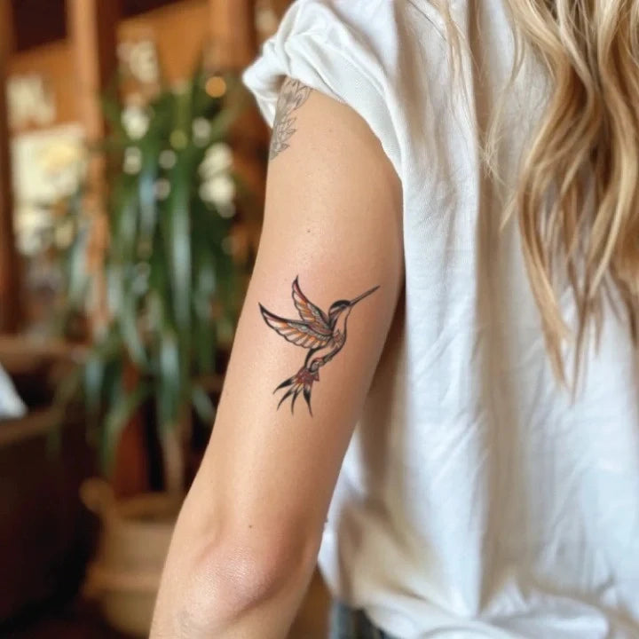 aztec hummingbird bicep temporary tattoo idea design